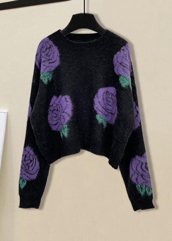 Black Print O-neck Cotton Knit Sweater and Straight Pants Two Pieces Set Spring
