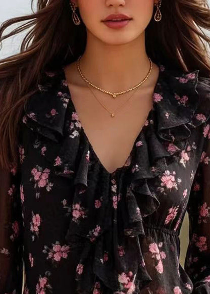 Black Ruffled Print Chiffon Top Spring