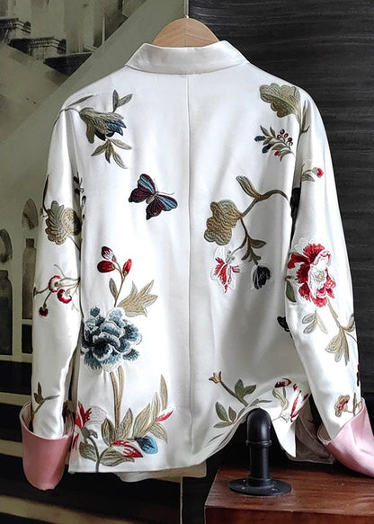 White Stand Collar Chinese Button Print Silk Tops Spring