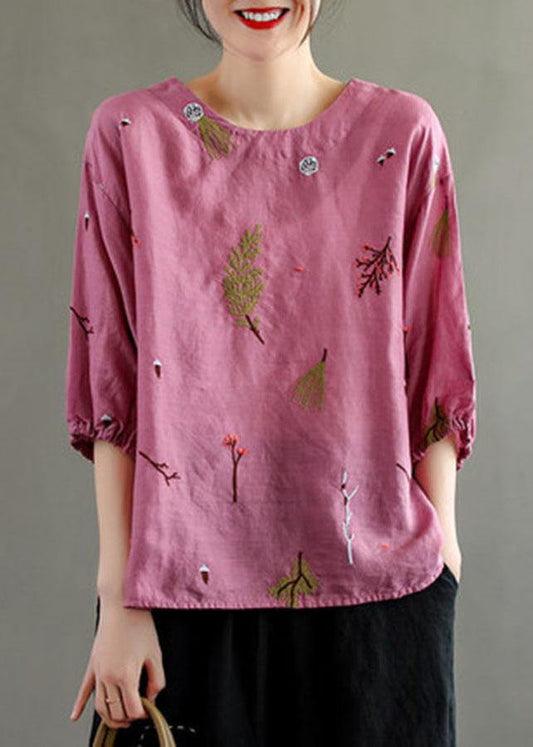 Pink O-neck Embroideried Summer Linen Blouses