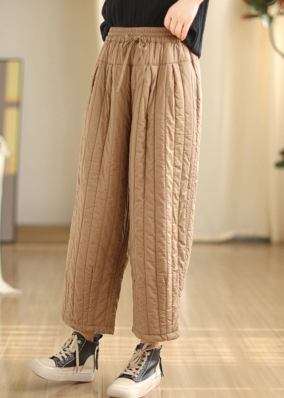 Khaki Pockets Fine Cotton Filled Pants Elastic Waist Winter