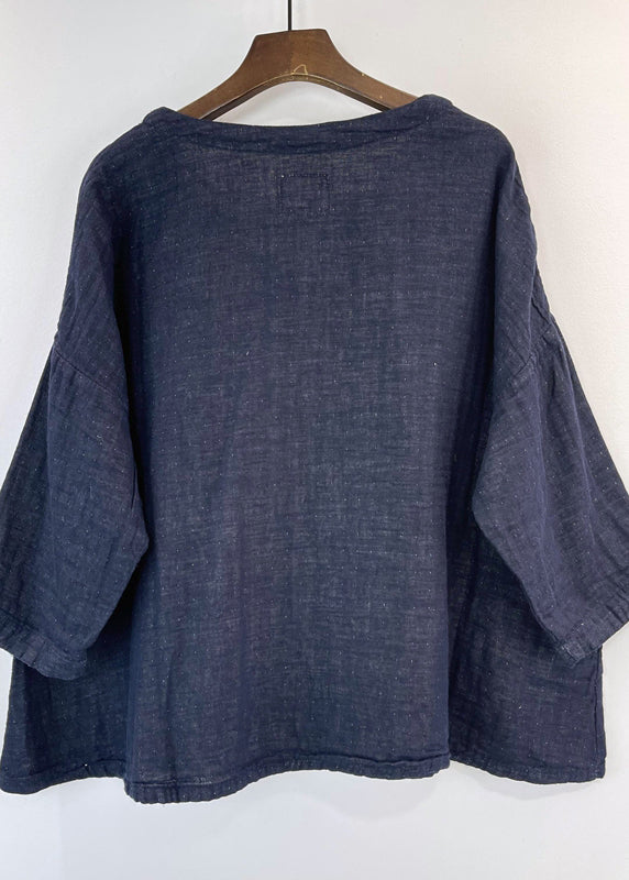 Loose Navy V Neck Patchwork Cotton Top Summer