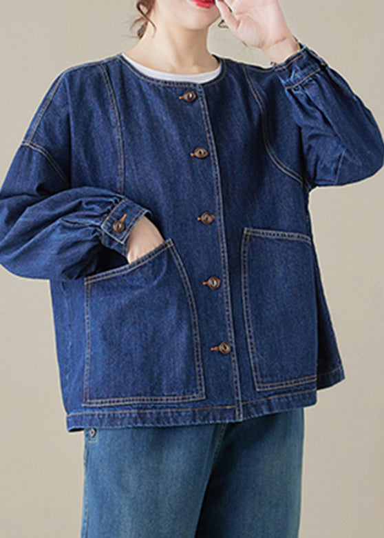 Loose Blue O-neck Pockets Patchwork Denim Coats Long Sleeve Spring