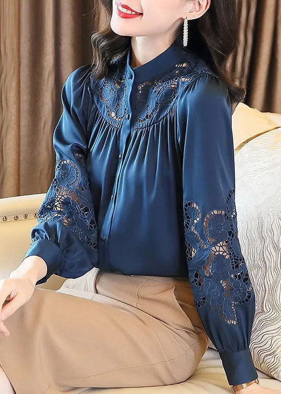 Classy Blue Stand Collar Button Hollow Out Embroideried Silk Blouses Spring