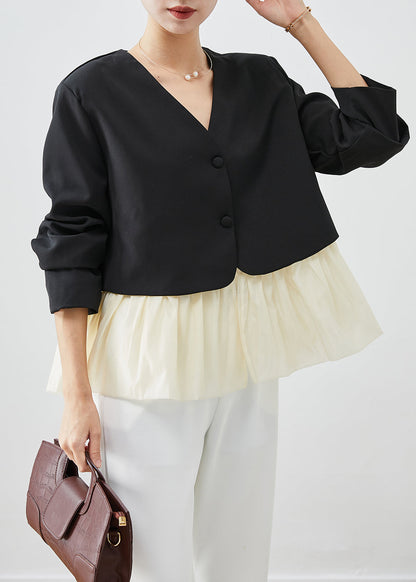 Black V Neck Patchwork Spandex Coats Fall
