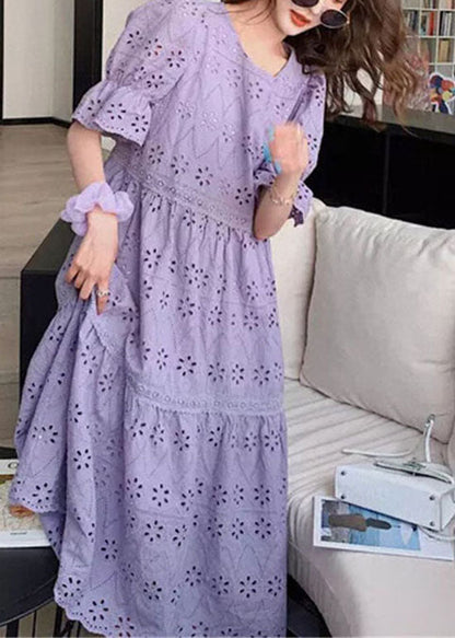 Purple Embroideried Hollow Out Patchwork Cotton Dress Puff Sleeve