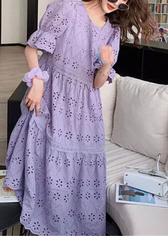 Purple Embroideried Hollow Out Patchwork Cotton Dress Puff Sleeve
