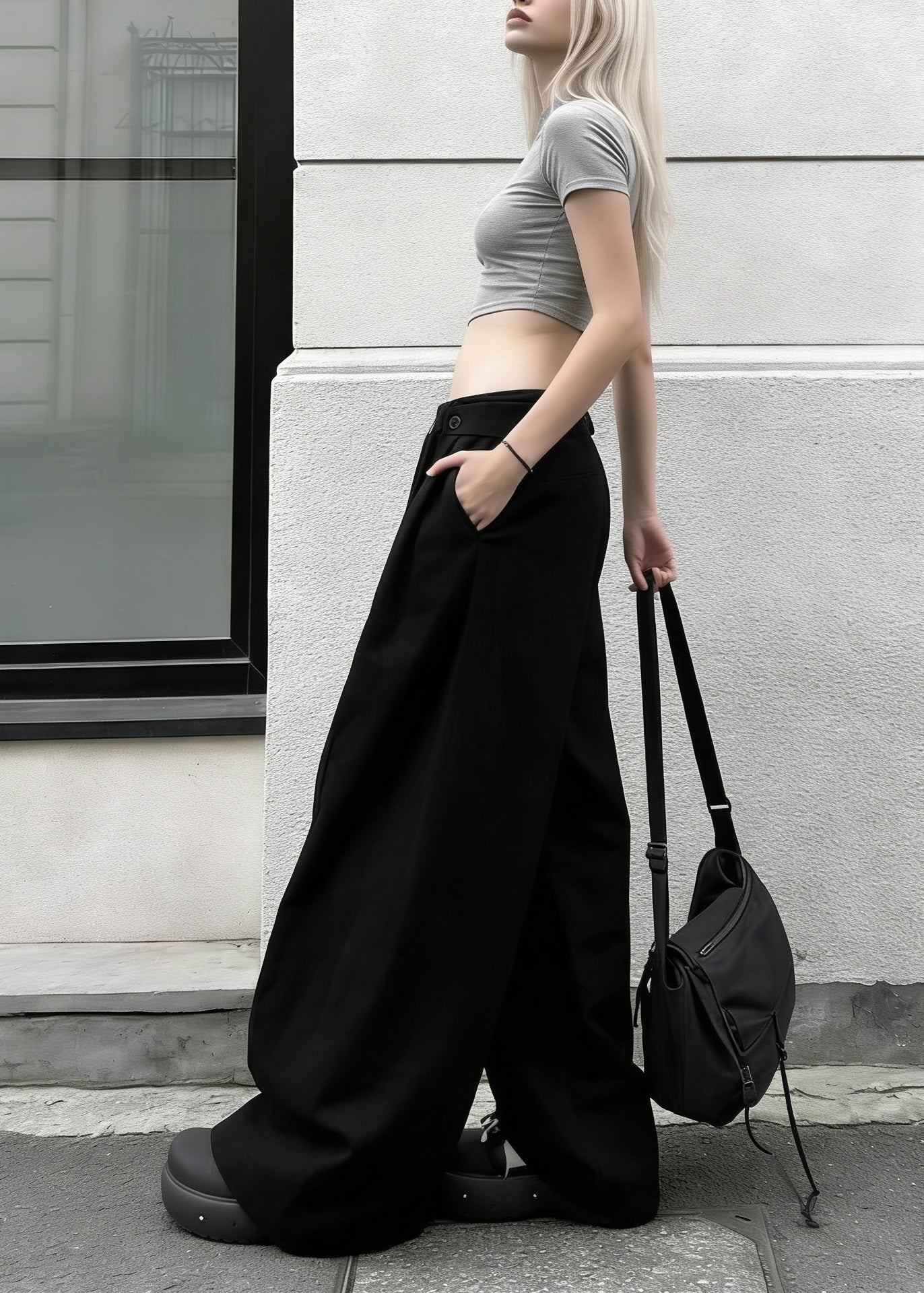 Black Pockets Button Cotton Wide Leg Pants Spring