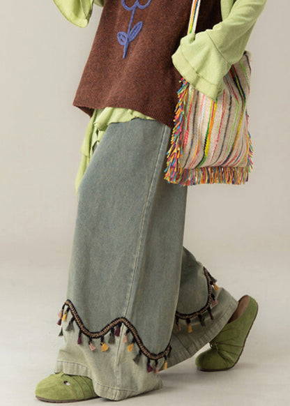 Blue Tasseled High Waist Patchwork Denim Wide Leg Pants Spring
