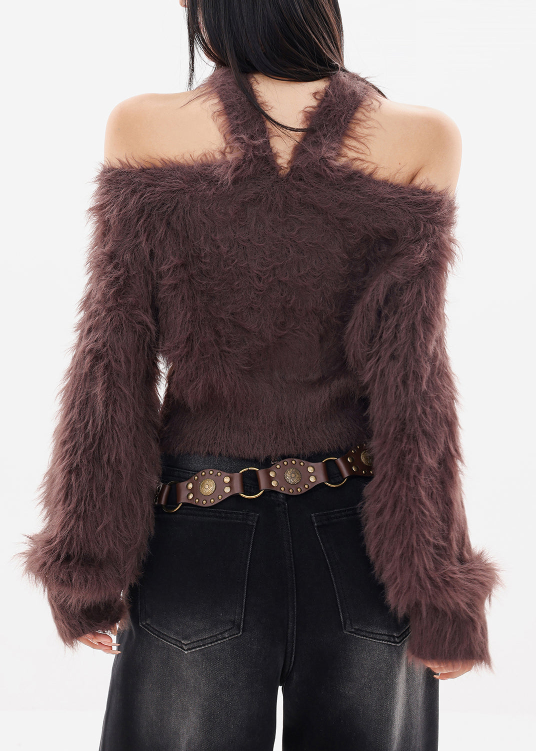 Unique Coffee Cold Shoulder Thick Cotton Knit Sweater Tops Fall