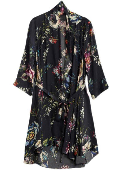 Organic Black Print Clothes Tie Waist Cardigan Coat