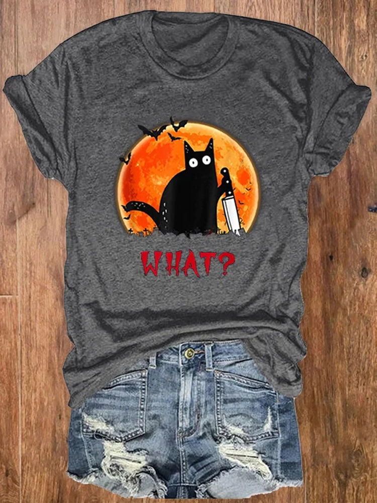 Women's Halloween Fun Black Cat Print Crew Neck T-Shirt elevenforest