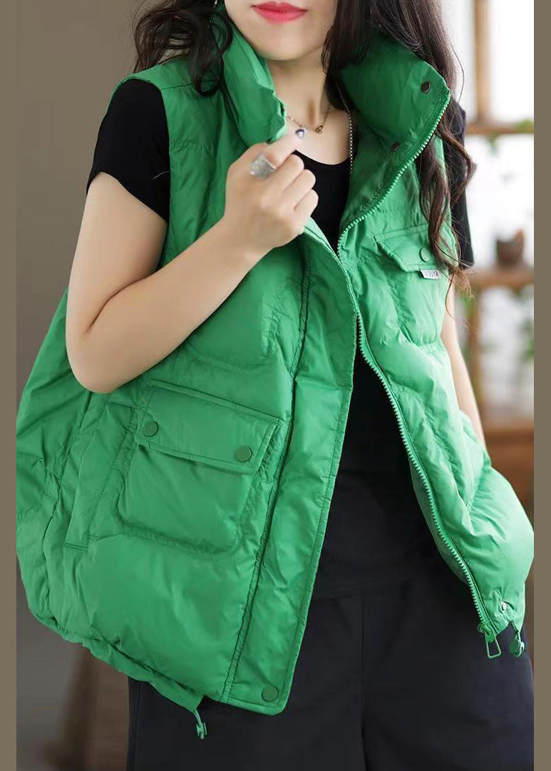 Green Zip Up Pockets Patchwork Duck Down Waistcoat Sleeveless