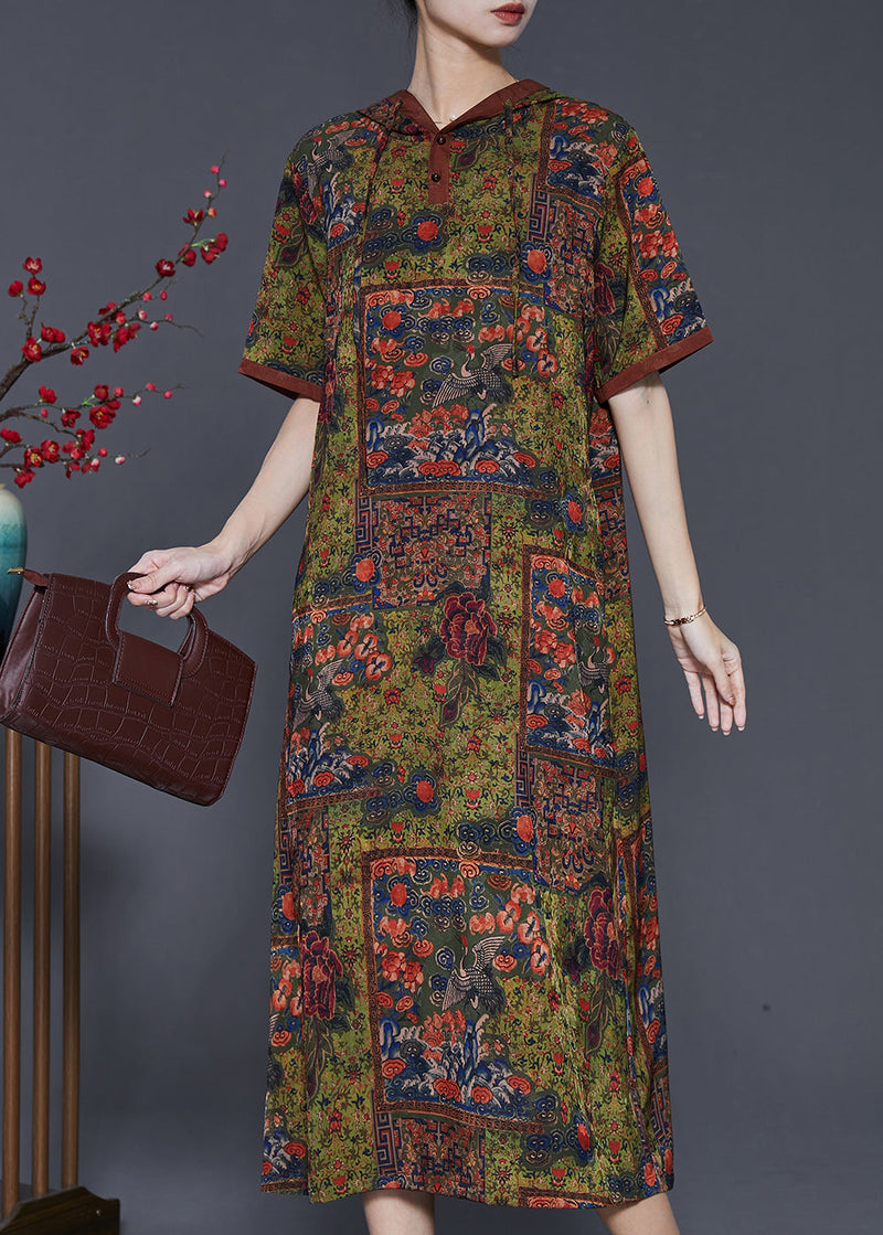 Diy Green Hooded Print Silk Dresses Summer