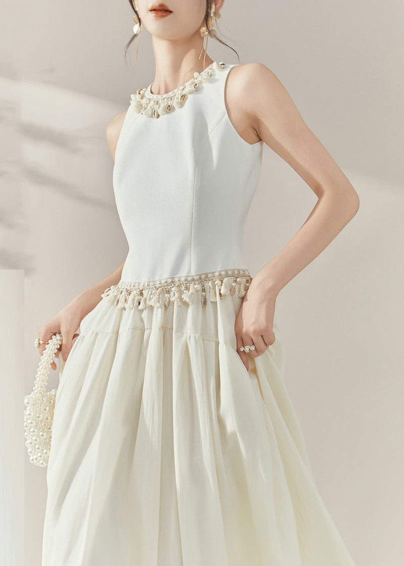 Fine White O-neck Tassel Patchwork Long Dresses Summer