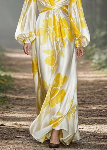 Yellow Print High Waist Silk Maxi Dress V Neck Spring