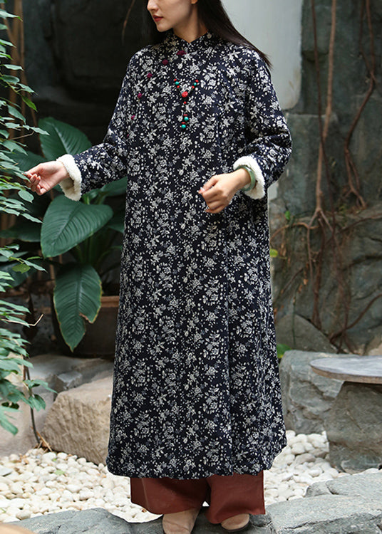 Black Print Button Patchwork Warm Fleece Maxi Dresses Winter