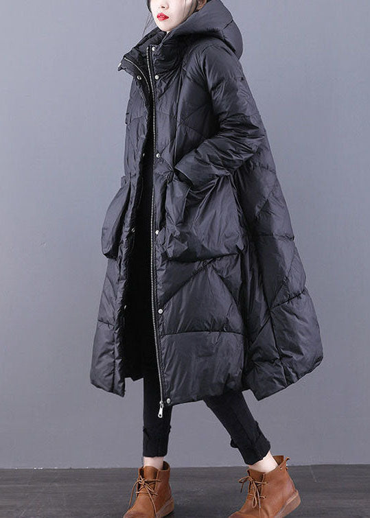 Loose Black Hooded Pockets Duck Down Winter Down Coat