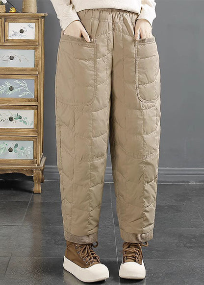 Simple Brown Pockets Warm Duck Down Pants Winter