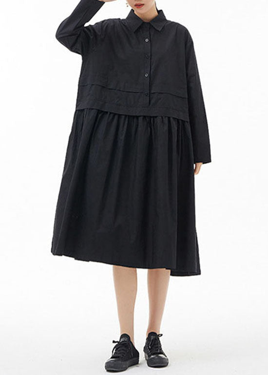 Fine Black Peter Pan Collar Patchwork Shirt Dresses Spring