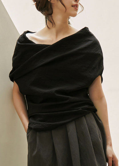 Black Slash Neck Wrinkled Cotton Shirt Summer