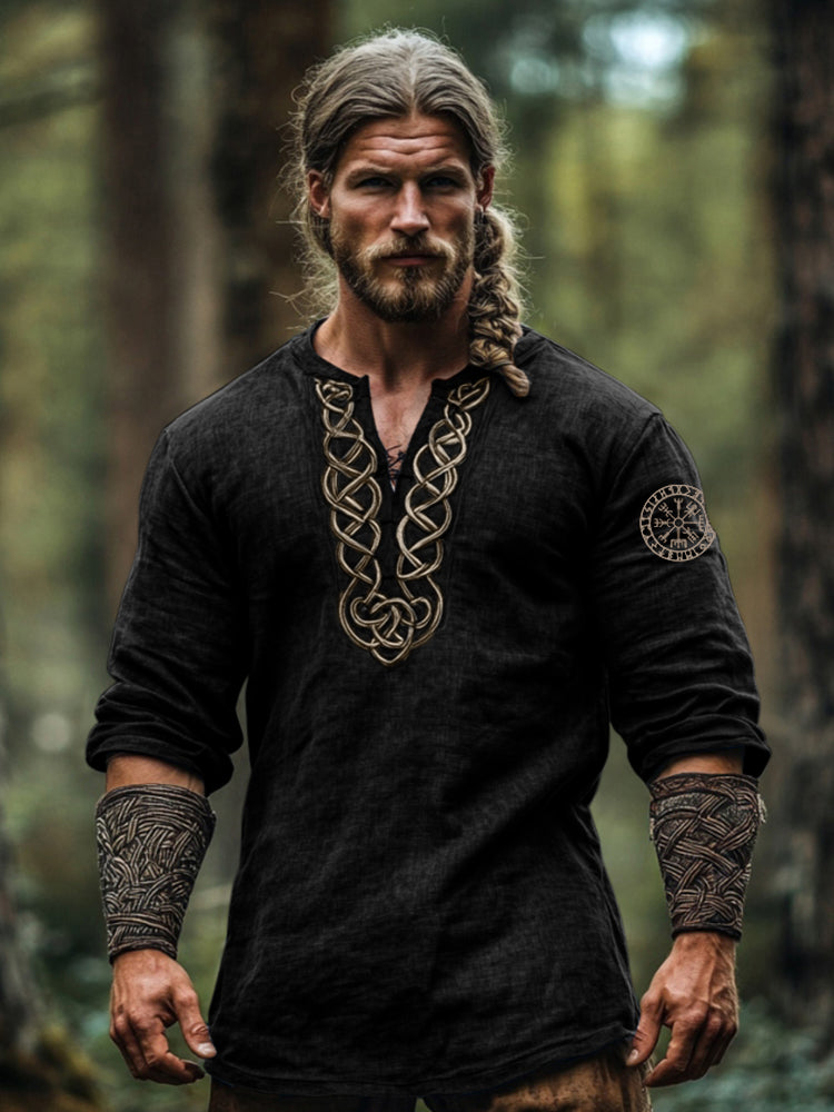 Men's Vintage Viking Symbol Linen V-neck Shirt artswardrobe