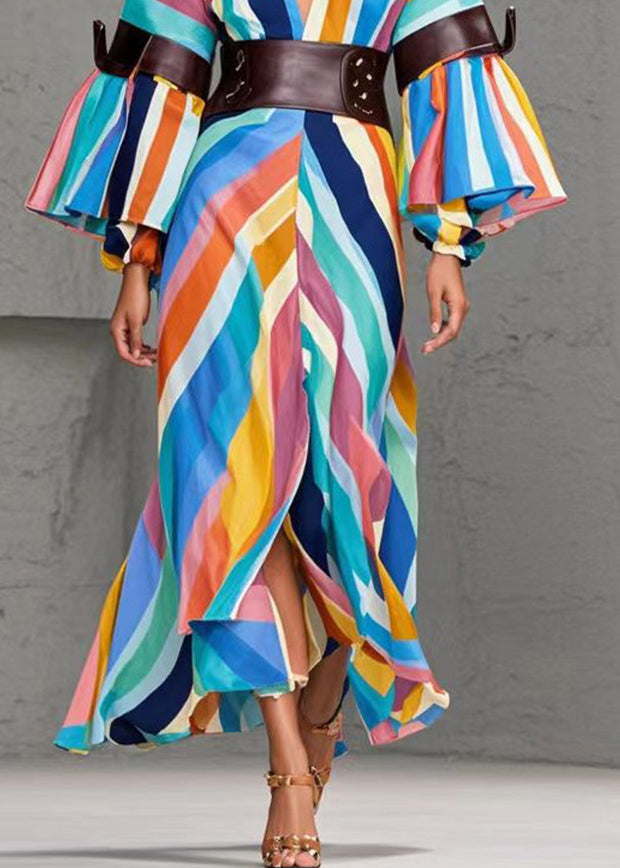 Rainbow Striped Side Open Cotton Cinched Dresses Fall