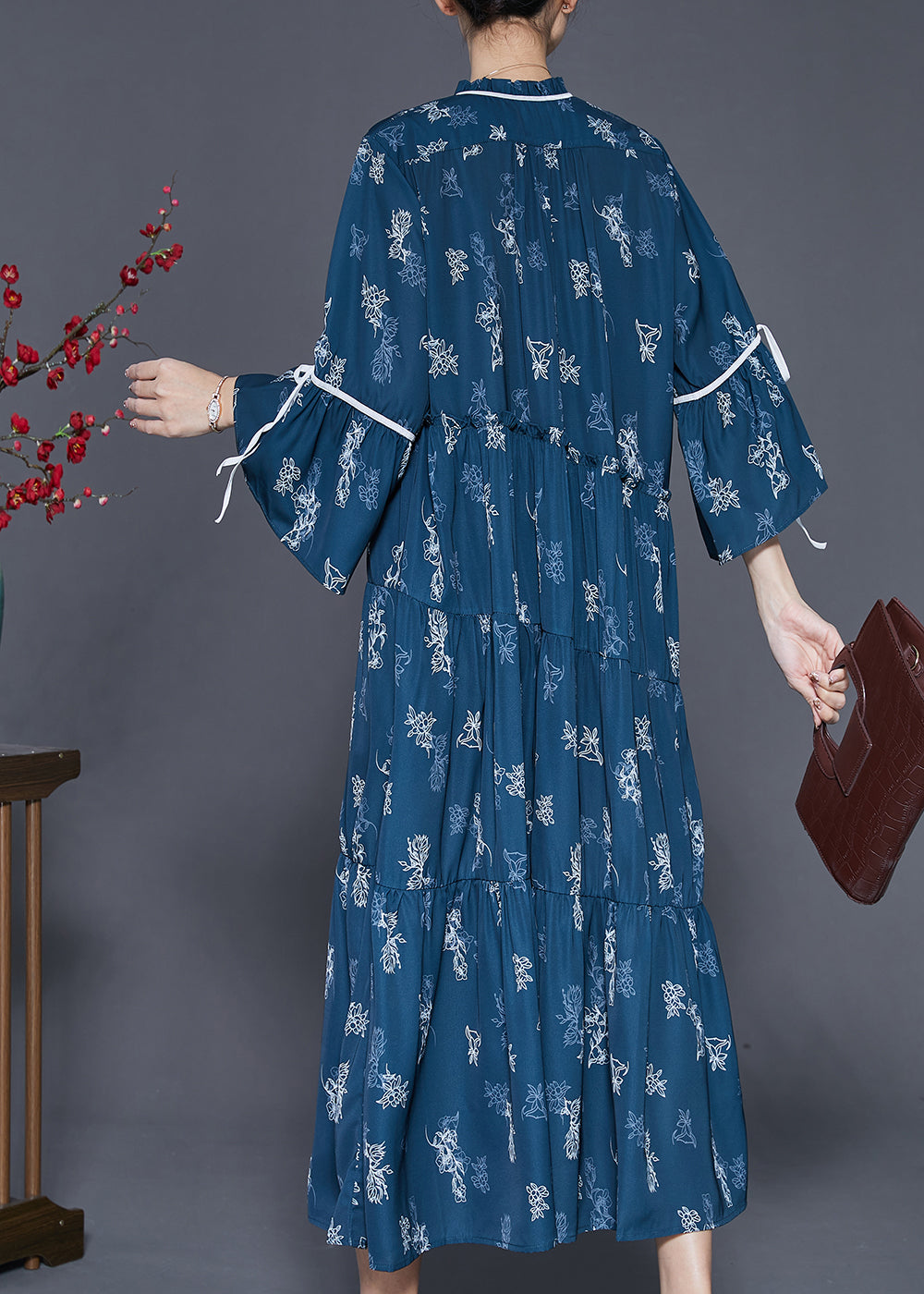 Navy Print Exra Large Hem Cotton Dresses Spring