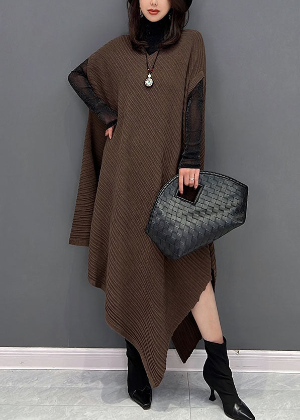 Chocolate Asymmetrical Design Wrinkled Cotton Holiday Dress Fall