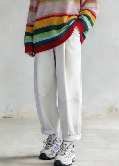 Rainbow Striped O-neck Knit Sweaters and White Pants Two Pieces Set Spring