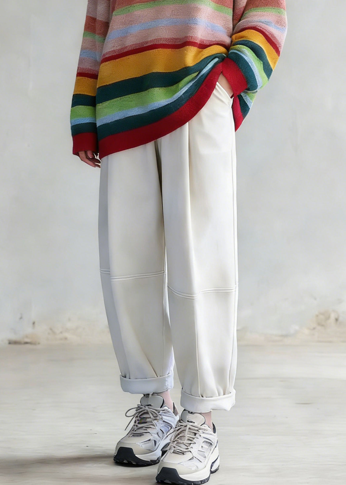 Rainbow Striped O-neck Knit Sweaters and White Pants Two Pieces Set Spring