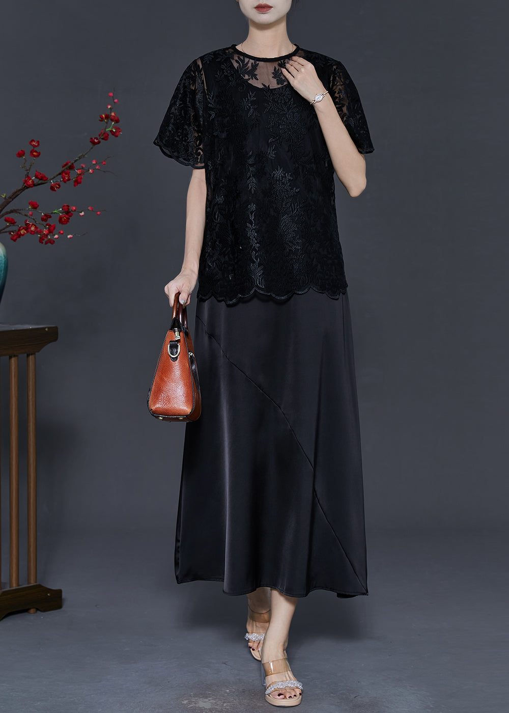 Black Silk Party Dress Sets 2 Pieces Embroidered Summer