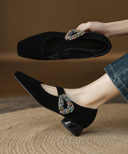 Black Zircon Buckle Strap Splicing Suede Chunky Shoes