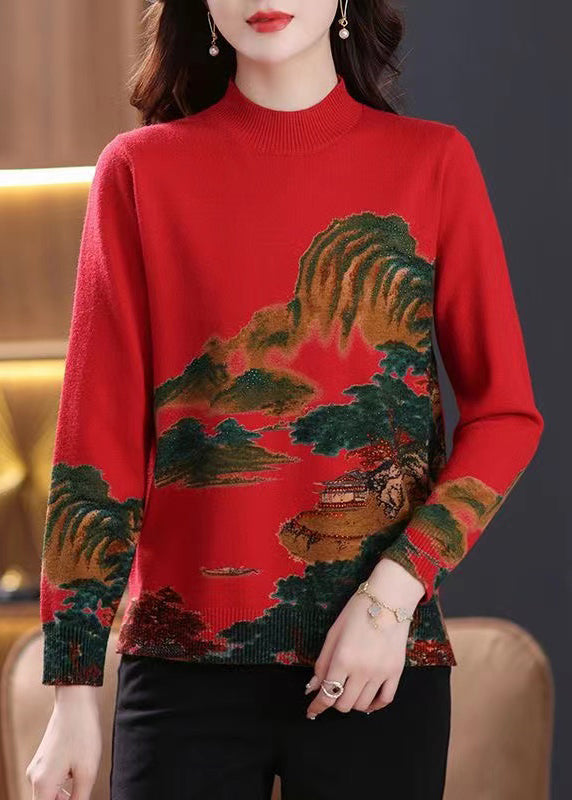Red Print Cozy Wool Knit Tops O-neck Long Sleeve