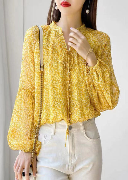 Yellow Stand Collar Print Button Lace Up Chiffon Shirt Long Sleeve