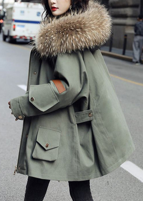 Army Green Zip Up Fur Collar Cotton Puffer Parka Jacket Winter