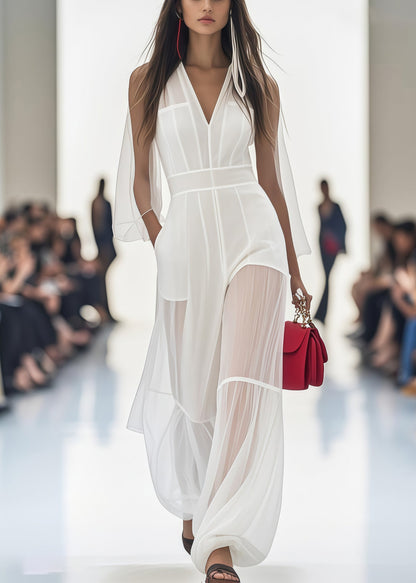 Stylish White V Neck Patchwork Tulle Silm Fit Jumpsuits Summer