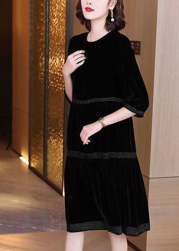 Black O-neck Patchwork Silk Velour Dresses Half Sleeve Fall