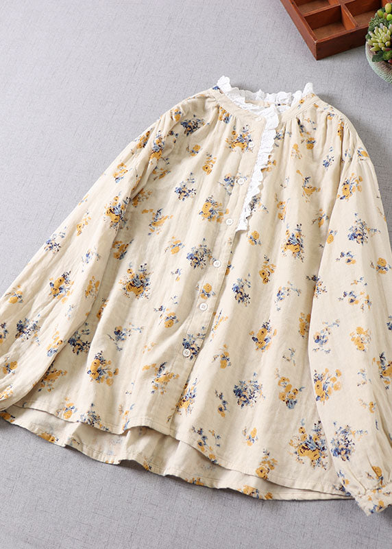French Apricot Yellow Print Cotton Blouses Long Sleeve