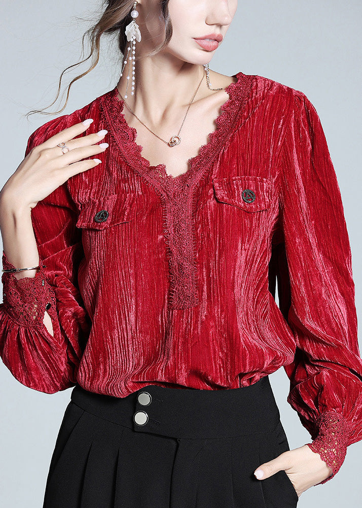 Red V Neck Lace Patchwork Silk Velour Top Long Sleeve