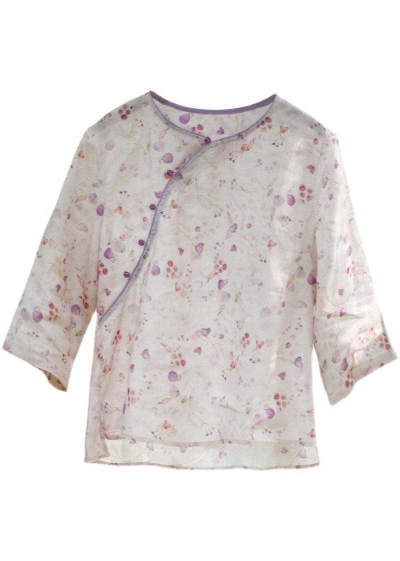 Light Purple O-neck Button Print Linen Blouse Top Spring