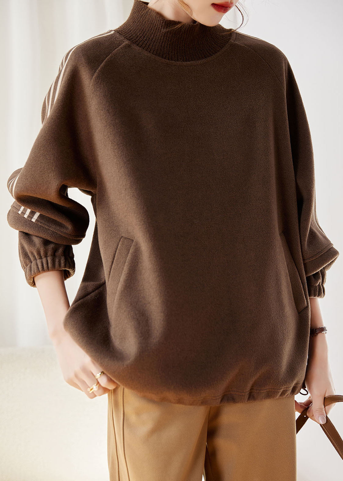 Khaki Striped Patchwork Drawstring Thick Pullover Fall