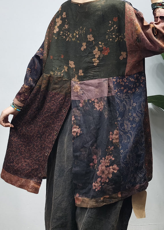 Chocolate O-neck Side Open Print Patchwork Linen Tops Long Sleeve Spring