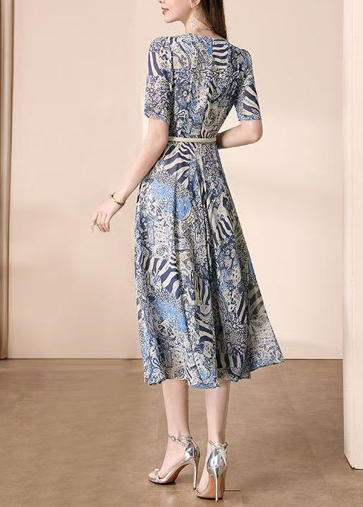 V Neck Print Wrinkled Chiffon Dress Summer