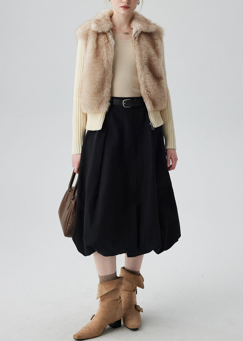 Beige Zip Up Patchwork Faux Fox Fur Knit Coat Winter
