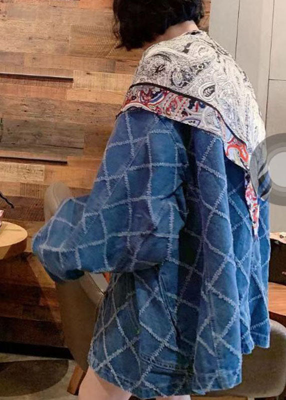 Simple Blue Button Patchwork Print Fall Coats Long Sleeve