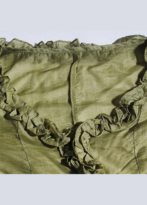 French Green Ruffled V Neck Chiffon Tops Spring