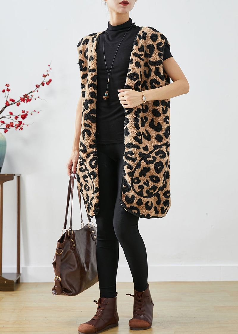 Leopard Print Pockets Faux Fur Teddy Vest Fall
