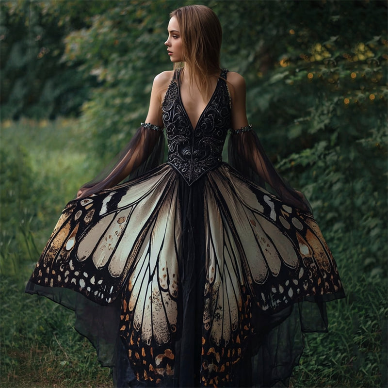 Comstylish Vintage Viking Mystical Butterfly Wings Flowy Maxi Dress