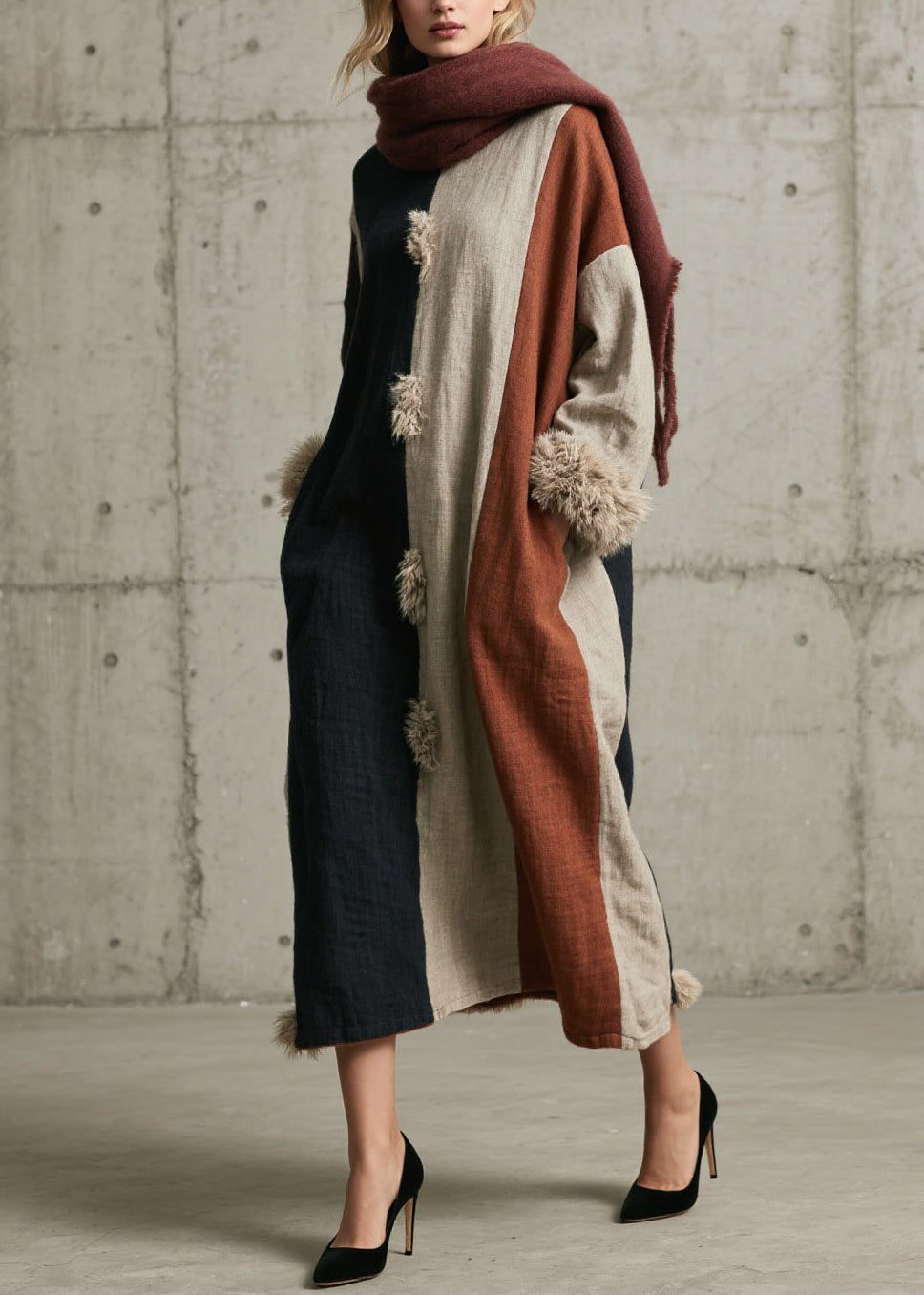 Colorblock Fuzzy Fur Fluffy Patchwork Cotton Dress Fall